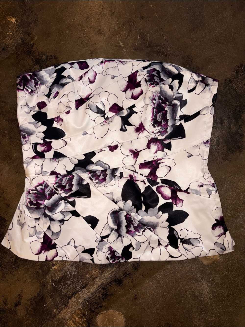 Floral Strapless Bustier Top in White with Purple and Black Print